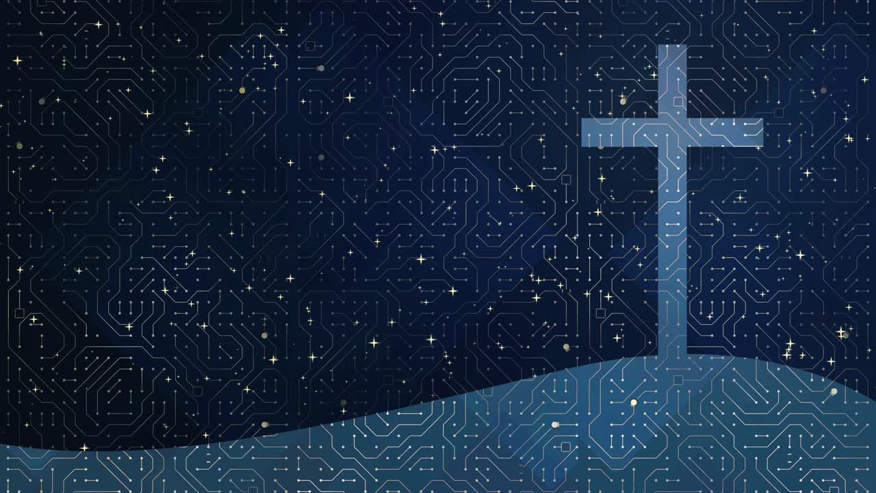 디지털 종교, 인쇄 회로 기판 패턴으로 만들어진 풍경에서 솟아오르는 파란색 십자가, 미래 지향적인 가상 사이버 세계와 별밭 패턴으로 융합되는 신앙과 기술의 상징