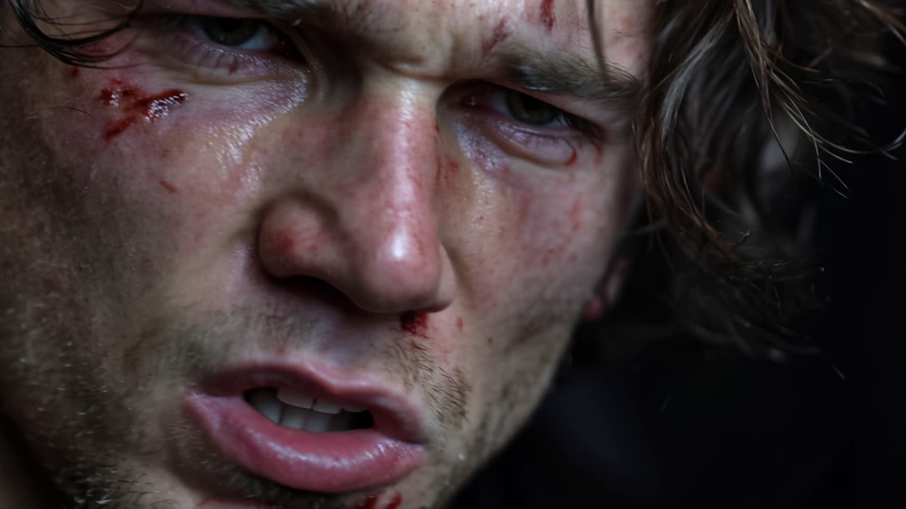 Blood stains his face, eyes glisten with grit. He stares-silent, wounded, unbroken. Darkness frames a warrior's endurance. Dramatic close-up for gritty, intense scenes