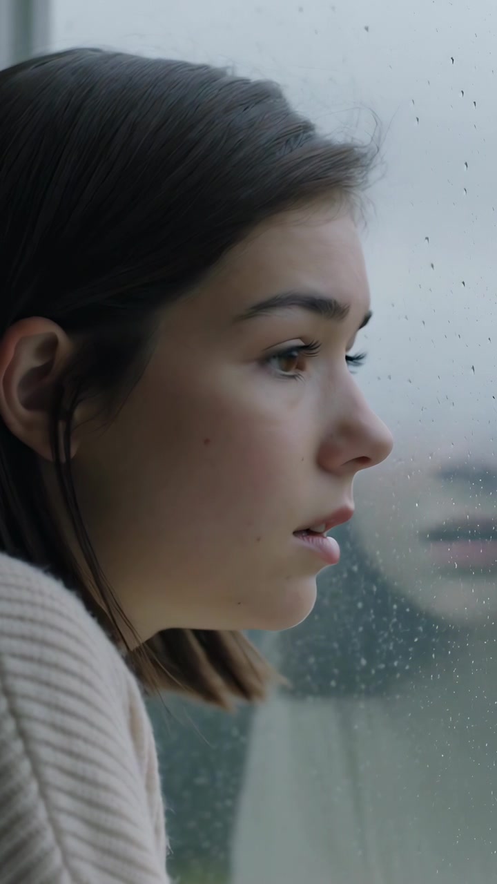 Video verticale: Una donna in top a costine sente un suono, reagisce e poi si calma vicino alla finestra, con un auricolare e spazio per il testo.