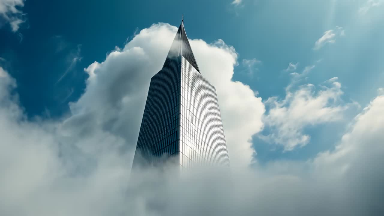 Panning camera reacting to thinning fog downtown revealing glass spire with sun glints and clouds