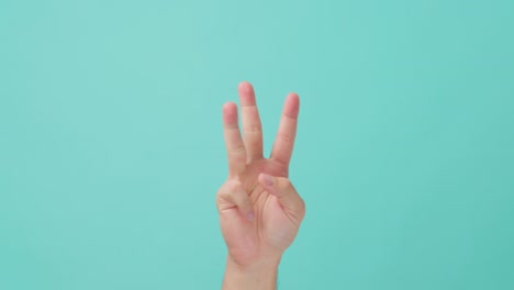 close up shot of human hand raising, making hand gesture counting number one to five by fingers. the man making a semaphore or a sign by using his palm hand. seen in isolate blue screen in background.