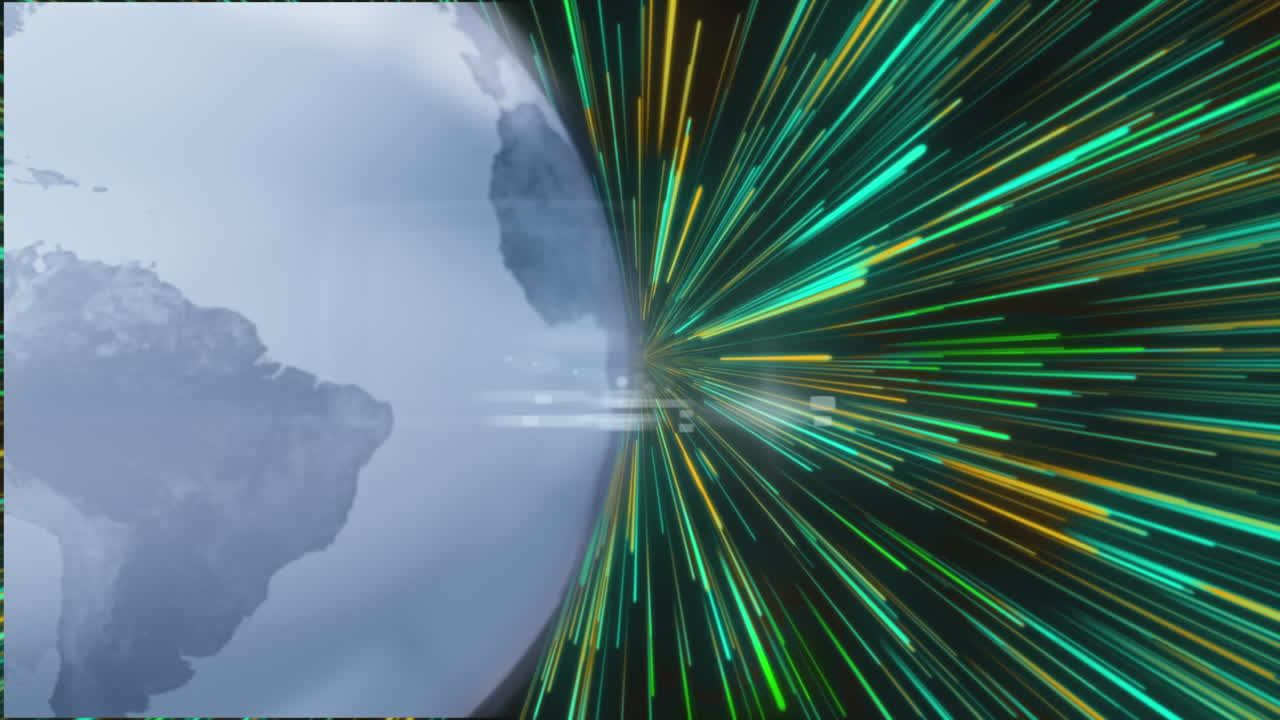 animación del globo girando sobre fondo negro con líneas verdes y amarillas en movimiento