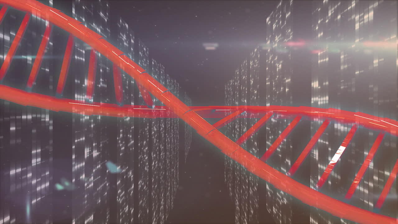 Animation of DNA strand intertwining with digital cityscape, symbolizing tech-biology fusion