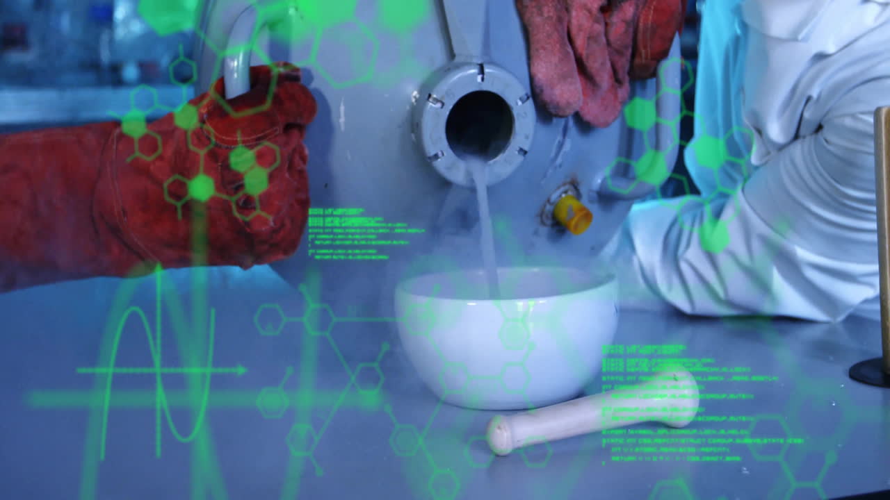 실험실에서 다양한 과학자들에 대한 화학 공식과 데이터 처리의 애니메이션