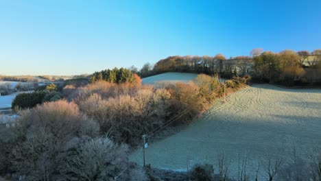 Sonnenaufgang-Am-Frühen-Morgen-Mit-Tiefen-Schatten-über-Gefrorenem-Gras-Und-Bäumen-Auf-Dem-Hügel-Im-Ländlichen-Irland