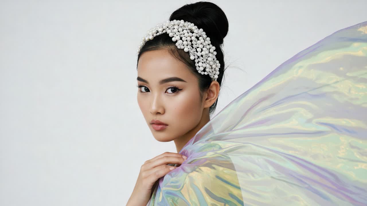 Captivating Portrait of a Young Woman in Elegant Headgear, Draped in a Colorful Sheer Fabric, Evoking a Sense of Grace and Sophistication