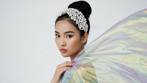 captivating portrait of a young woman in elegant headgear, draped in a colorful sheer fabric, evoking a sense of grace and sophistication