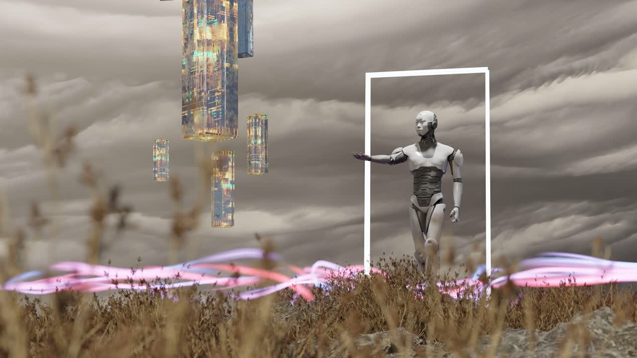 prototipo humanoide cyborg robot de inteligencia artificial de pie en la naturaleza dentro de un portal de puerta con flujo de energía en animación de renderización 3d