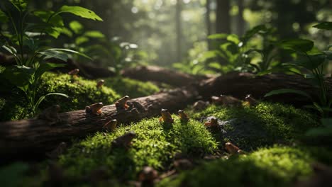a serene forest scene capturing the tranquility of nature, showcasing lush greenery, mossy logs, and the playful life of small frogs amidst a sunlit canopy