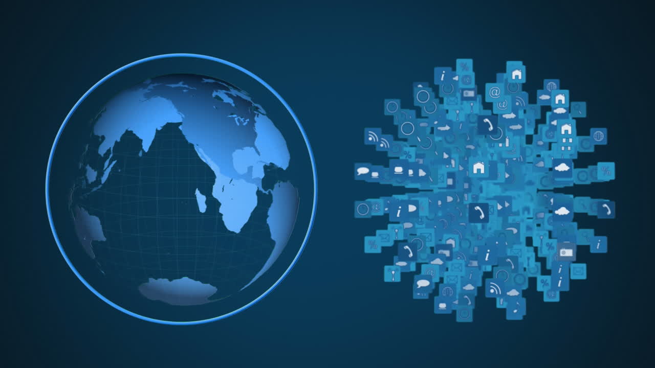 Animation of globe and networks of connections of interface icons
