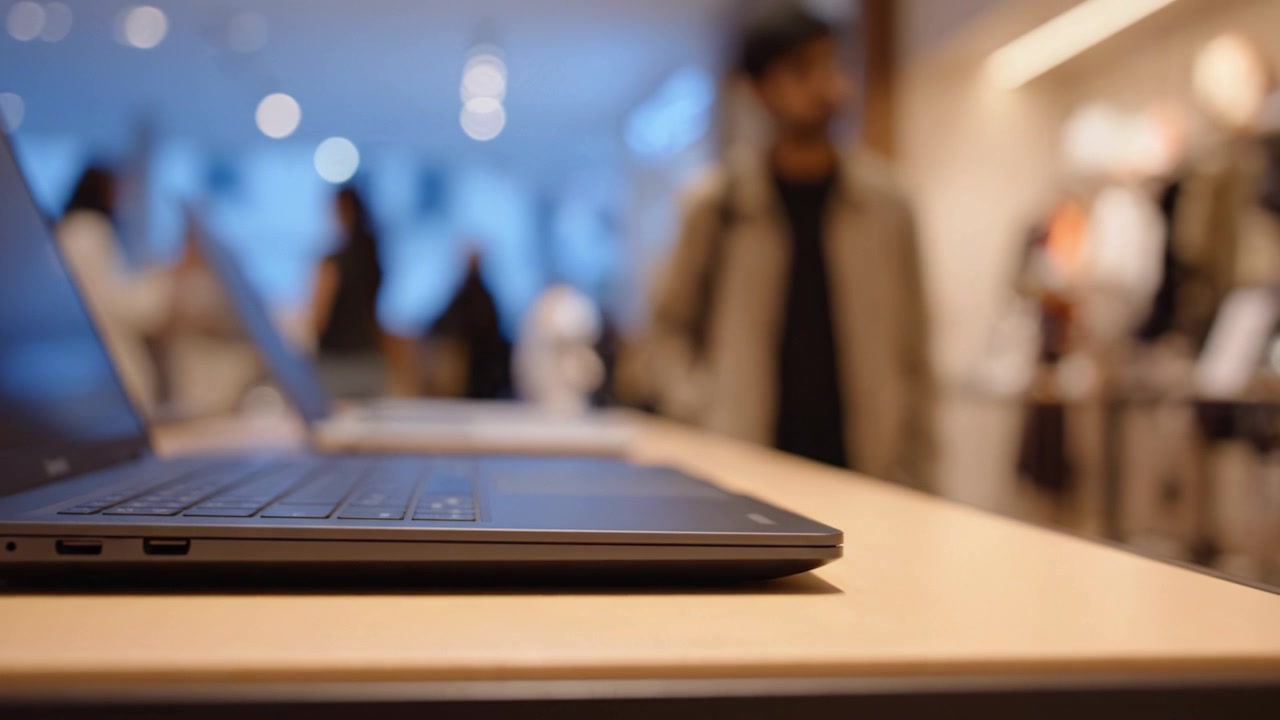 An Aesthetic Display of Laptops in a Modern Retail Environment Showcases Technology and Engagement with Customers and Products in a Contemporary Setting