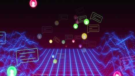 animación de iconos de medios y montañas sobre fondo negro