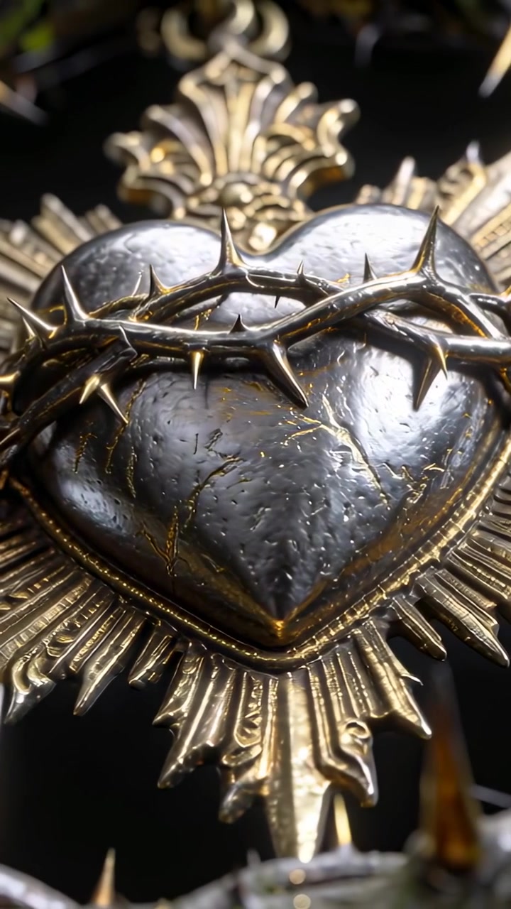 Video verticale: Inquadratura che inizia con la telecamera che si allontana da un cuore di metallo in un set che mostra raggi dorati e un anello di spine.