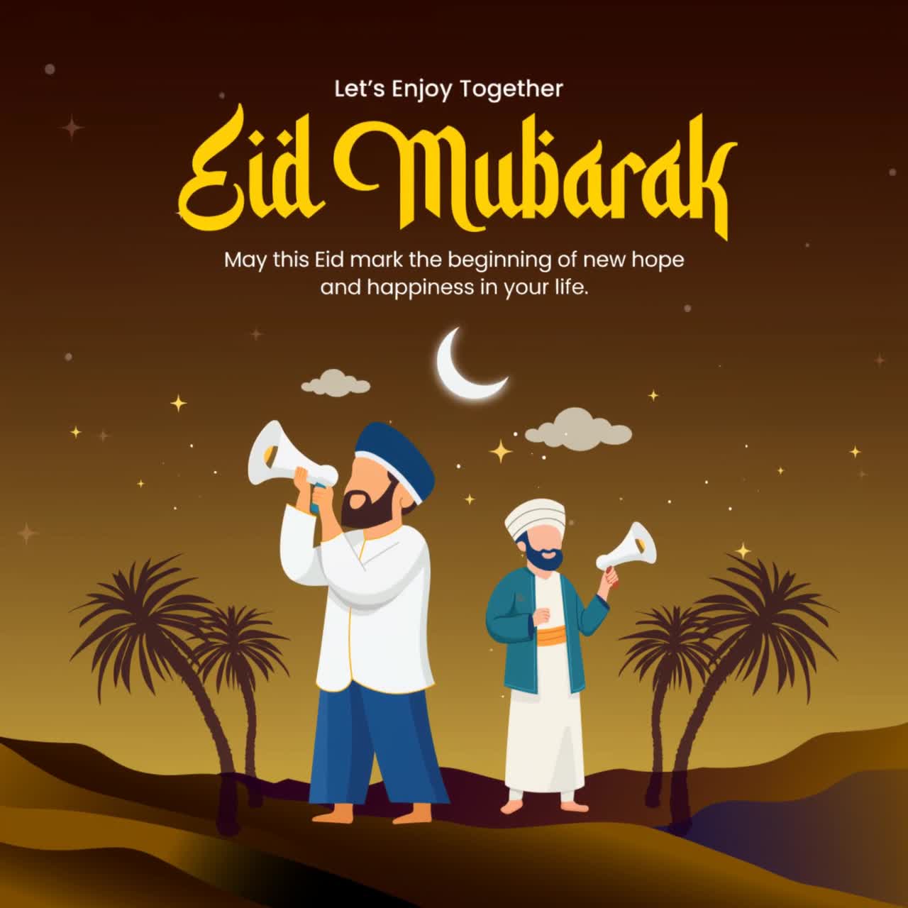Animazione Eid Mubarak con personaggi maschili, lanterne dorate, luna crescente su sfondo sfumato marrone