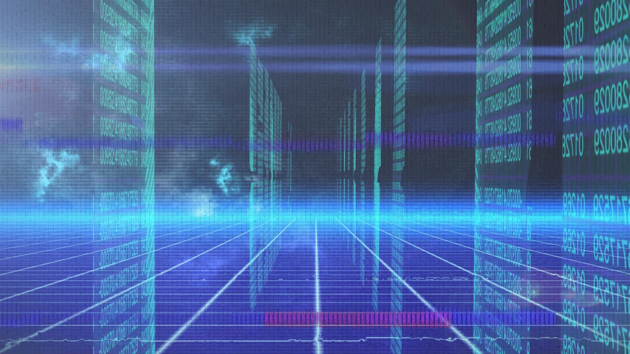 animación de datos en pantallas con glitch en el espacio digital