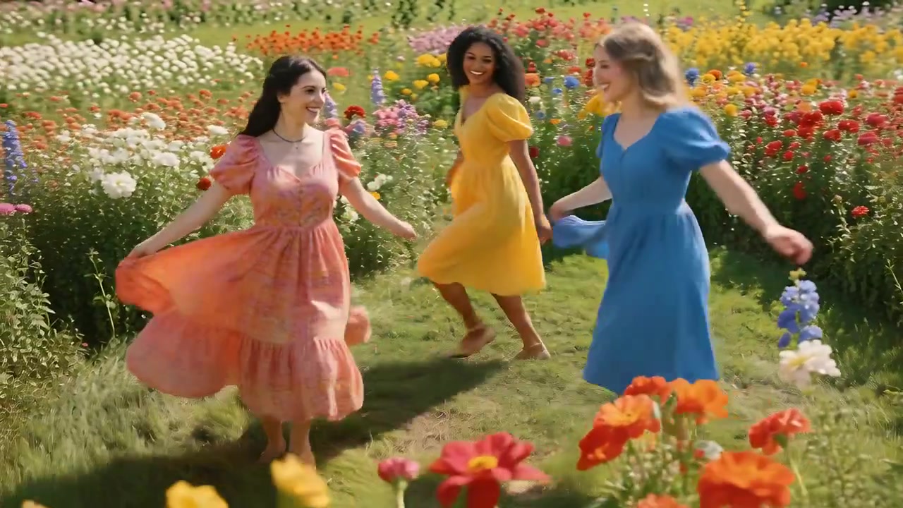 Starting three women playing, spinning and twirling on grassy path in flower beds, dresses flaring