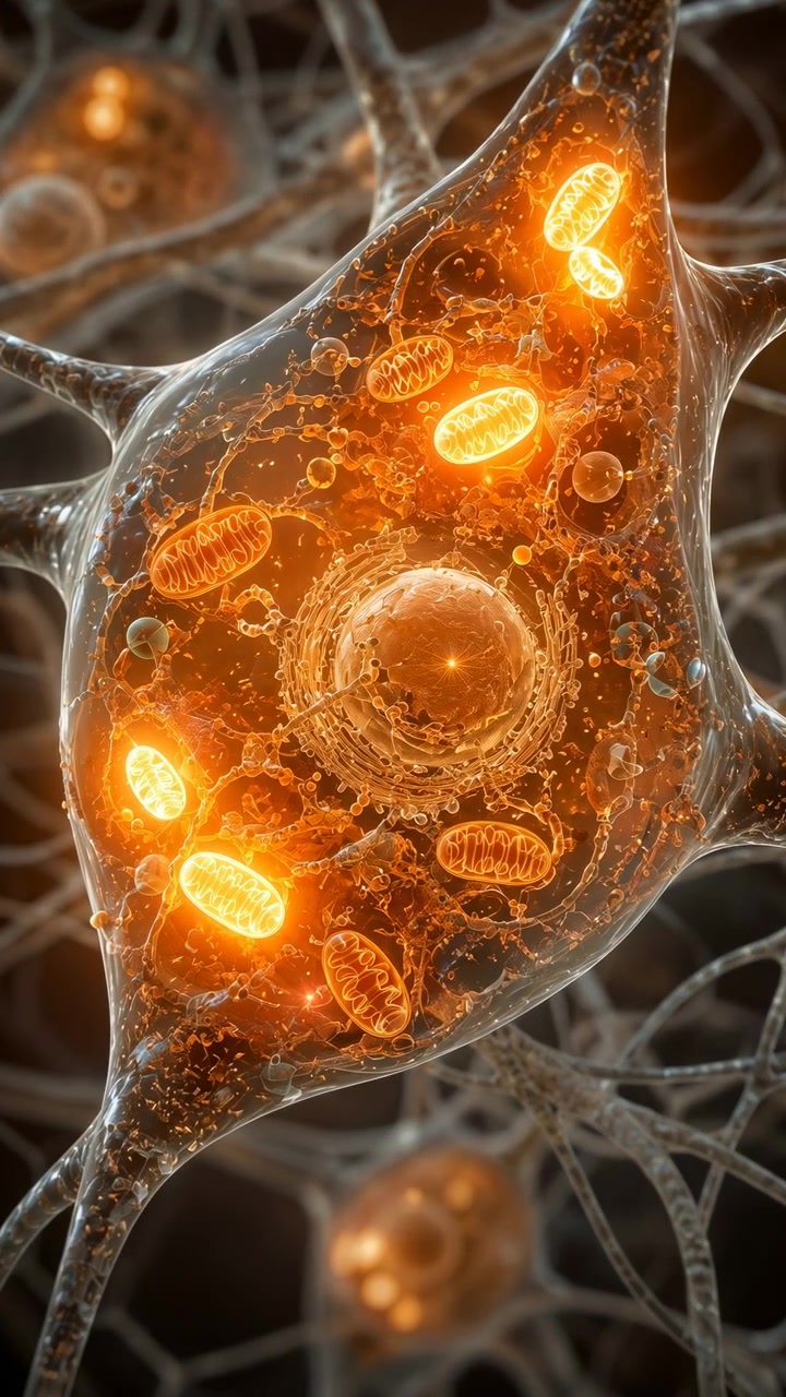 Visione estremamente ravvicinata del soma di un neurone traslucido con organelli arancione brillante raggruppati attorno al nucleo centrale, che rivela una delicata struttura cellulare, una texture organica, profondità scientifica e un aspetto luminoso