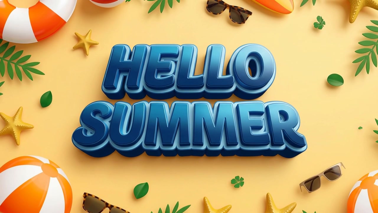 3D Animated Hello Summer Text with Beach Accessories