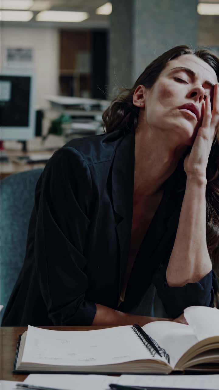 Una donna stressata circondata da libri, che si tiene la testa per la frustrazione