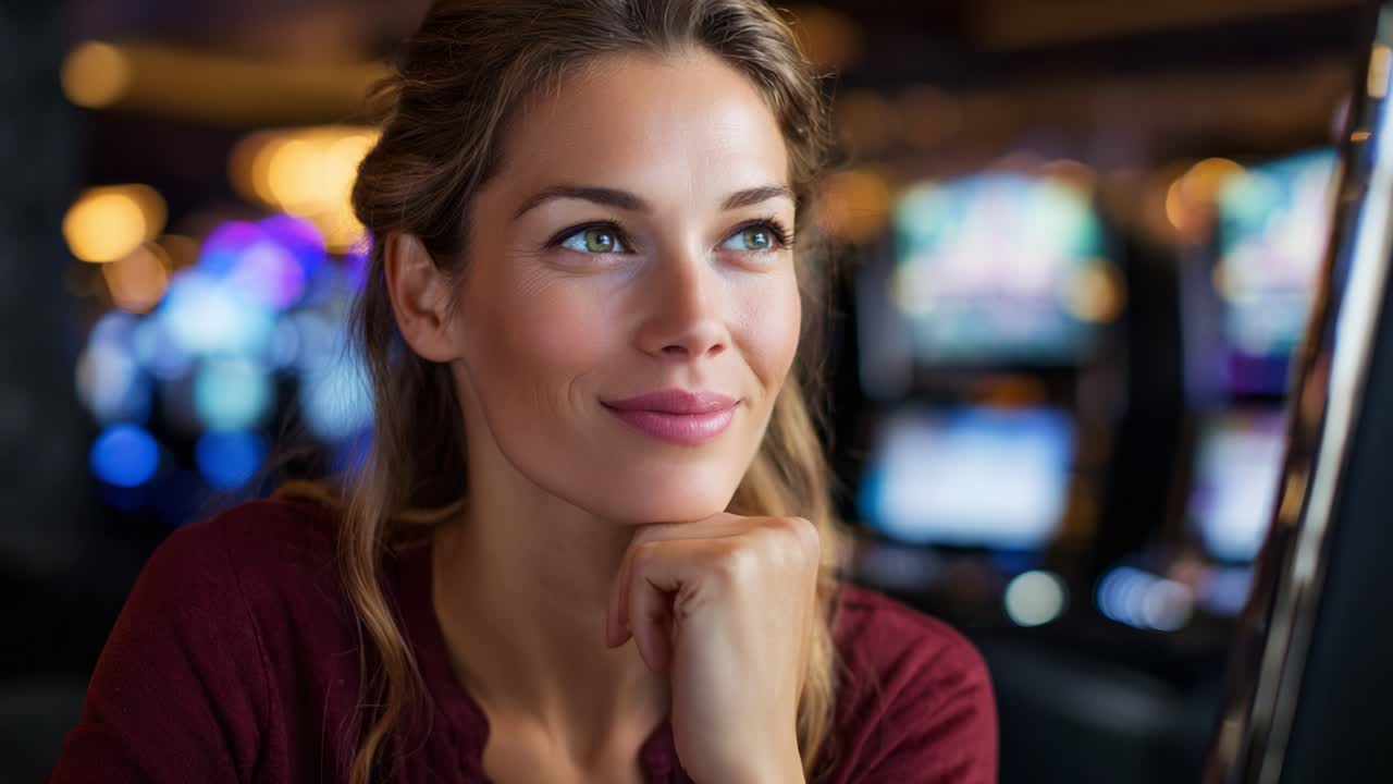 A contemplative woman enjoying her time at a vibrant casino, thoughtfully engaging with her surroundings while experiencing the excitement of gambling