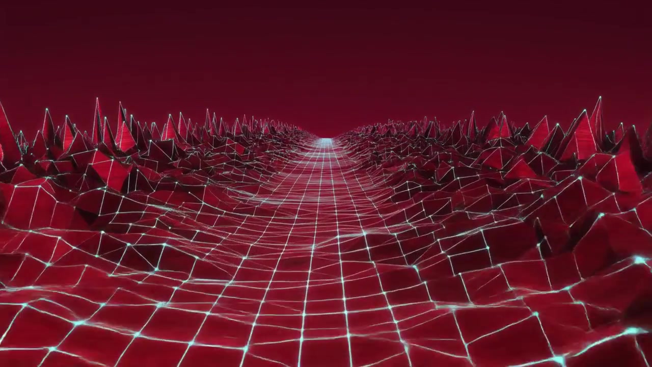 Abstract Red Digital Landscape with Glowing Wireframe Grid