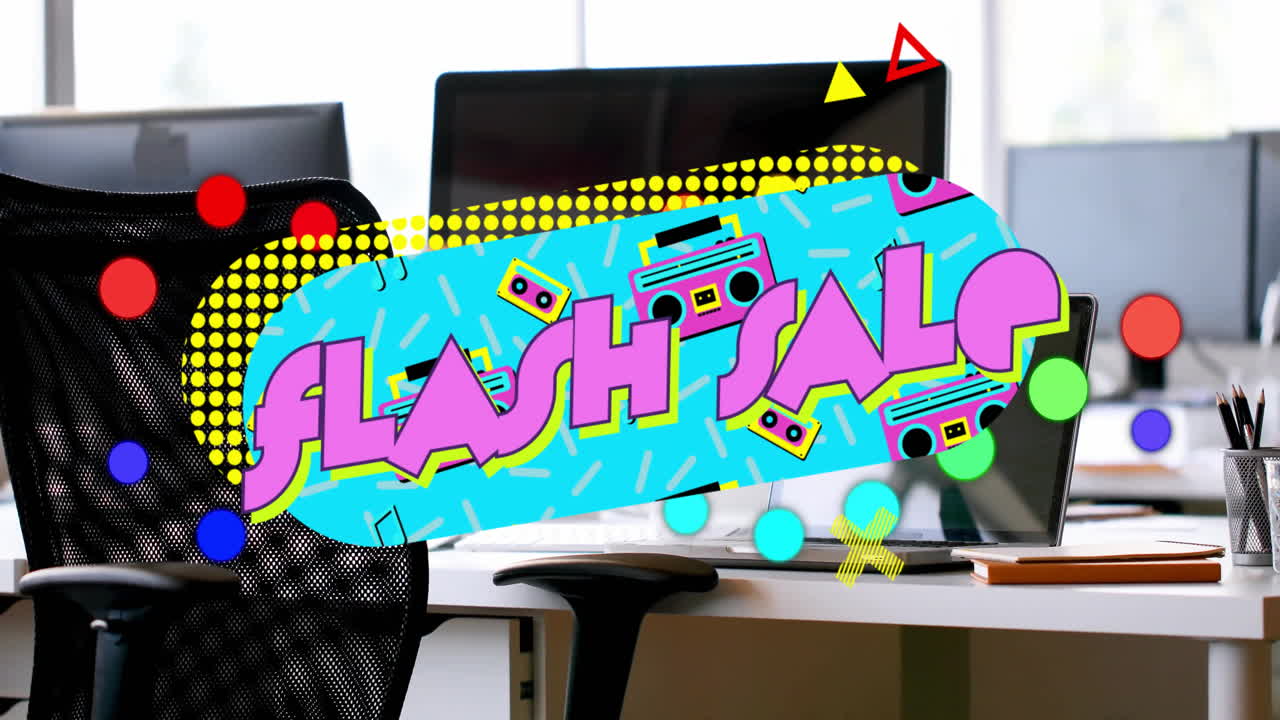 Flash sale graphic overlay floating above office desk, showing laptop monitor chair desk stationery