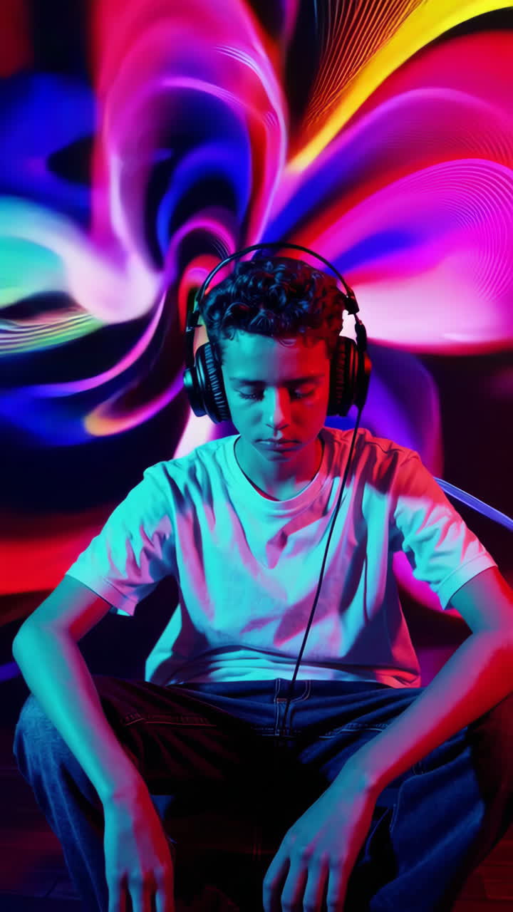 Teenager Listening to Music with Glowing Light Painting