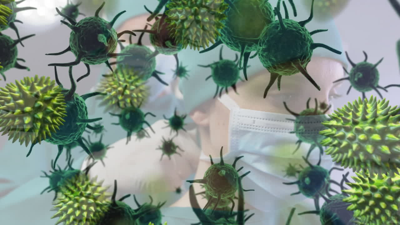 animación de la propagación del coronavirus covid19 con un trabajador de la salud en el fondo