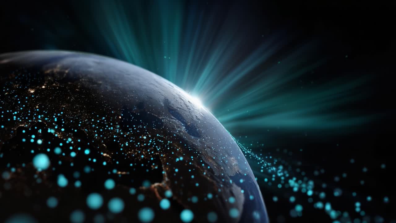 A Stunning View of Earth from Space Captured in Stunning Detail with Radiant Light Beams and Glowing Particles Representing Dynamic Energy in the Universe