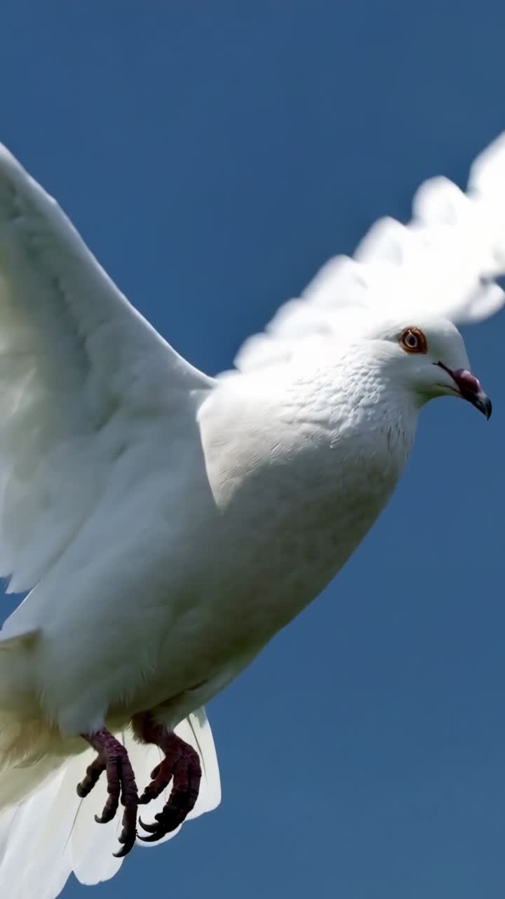 縦型動画：澄み切った青空を羽ばたく白い鳩をカメラが追跡し、その鉤爪が映し出される。