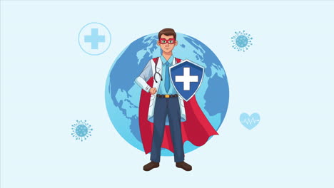 heroic super doctor character with earth planet animated