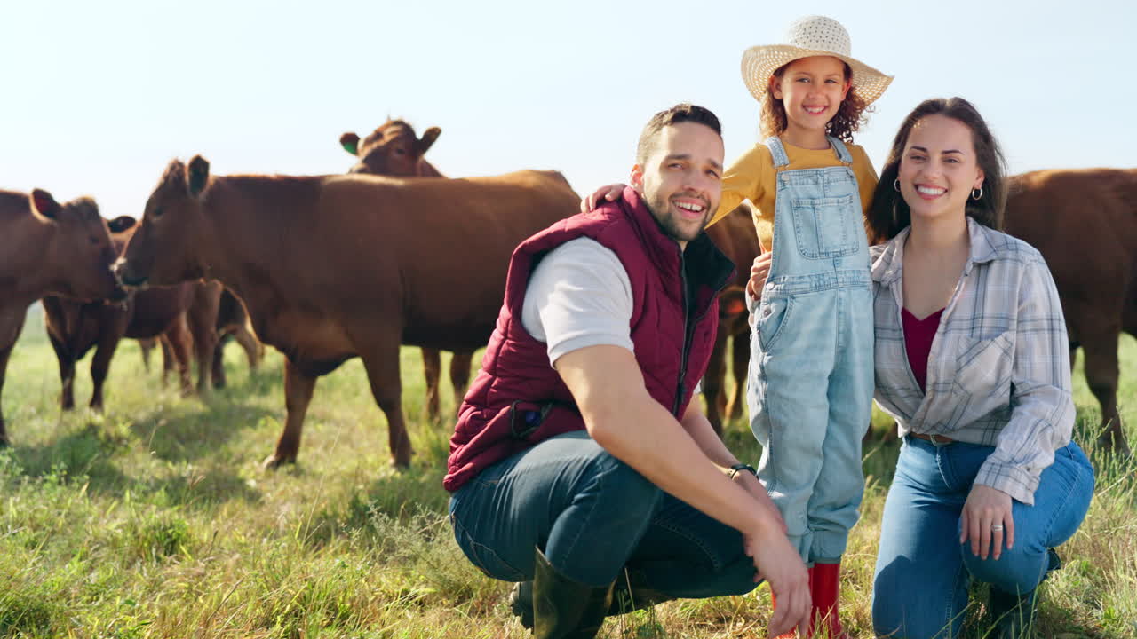 Farm, family and cattle with a girl