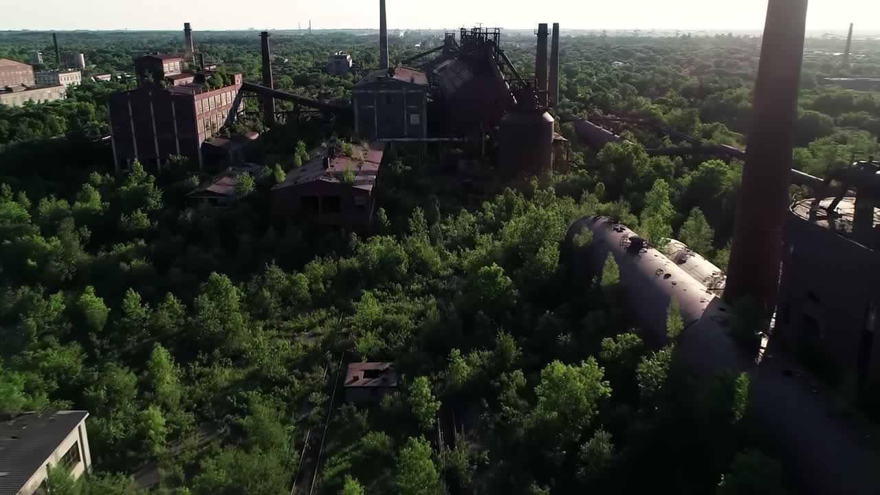Abandoned Industrial Complex Overrun by Lush Vegetation: Aerial Views of Nature Reclaiming Structure in a Once-Bustling Factory Locale