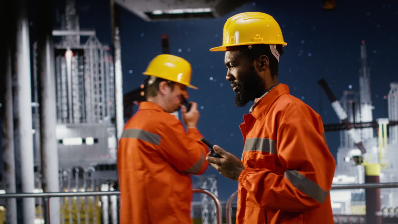 Industrial engineer uses walkie talkie to coordinate oil extraction activity