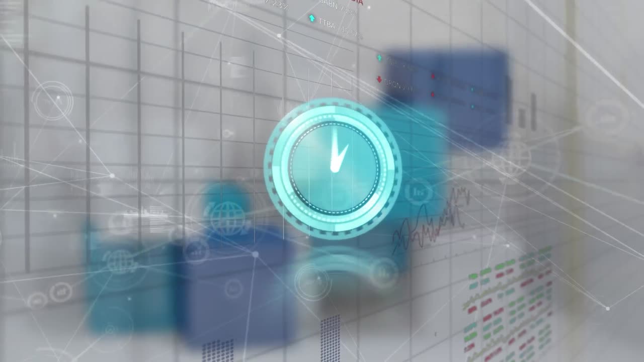 Animation of clock ticking and data processing over screen