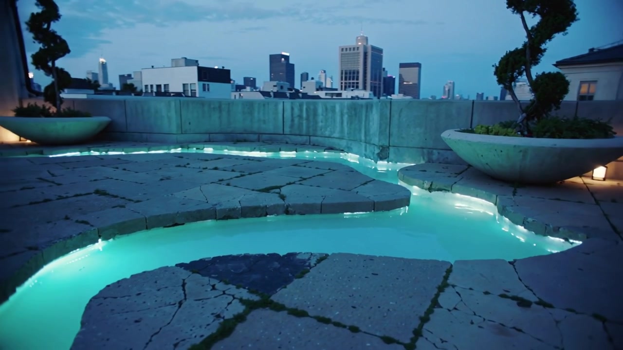 Cámara alejándose y paneando a la derecha, revelando una piscina iluminada de color turquesa en la azotea, mostrando el horizonte.