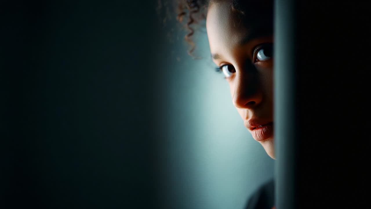 A captivating portrait of a young girl peeking from behind a wall, showcasing her expressive eyes and curious demeanor, enveloped in soft, subtle lighting and a mysterious atmosphere