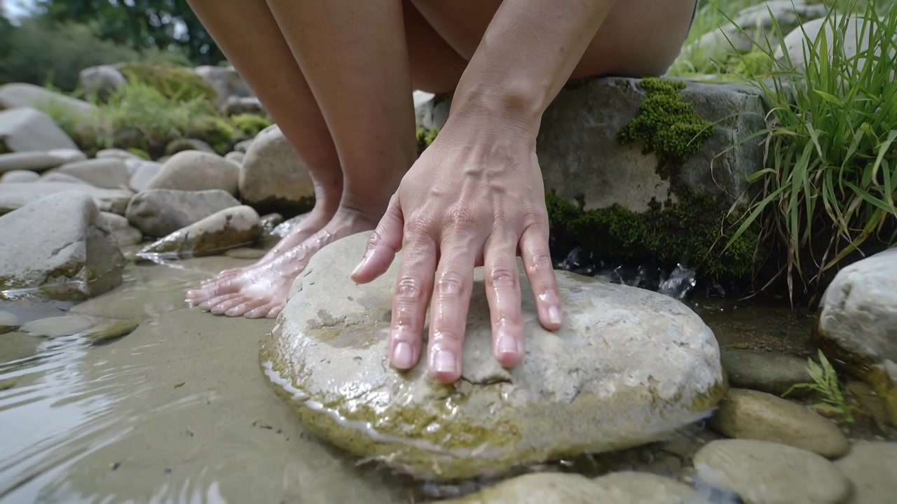 Lowering right hand, woman placing hand on creek rock by bank, steadying for balance in shorts