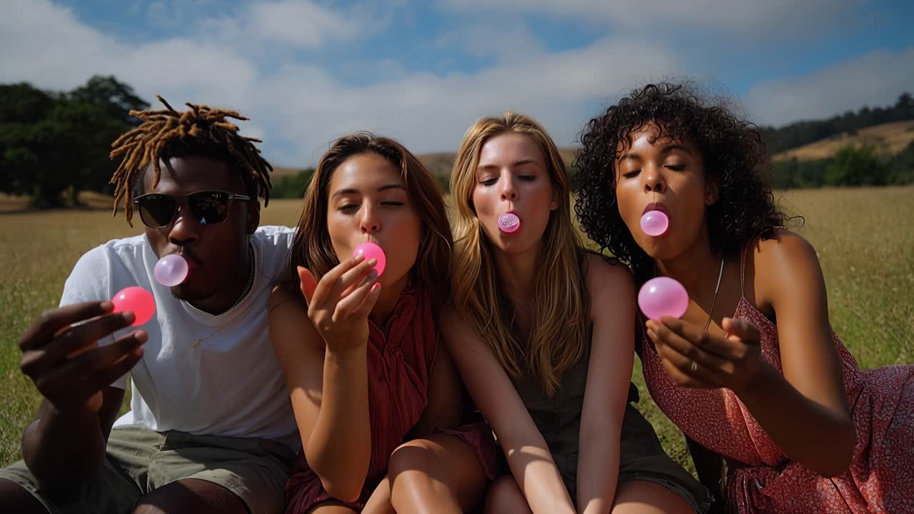 Four friends bubblegum in a sunny meadow. They laugh, relaxed, enjoying each other's company. Bright pink bubbles float above their heads. Perfect for social media or lifestyle content