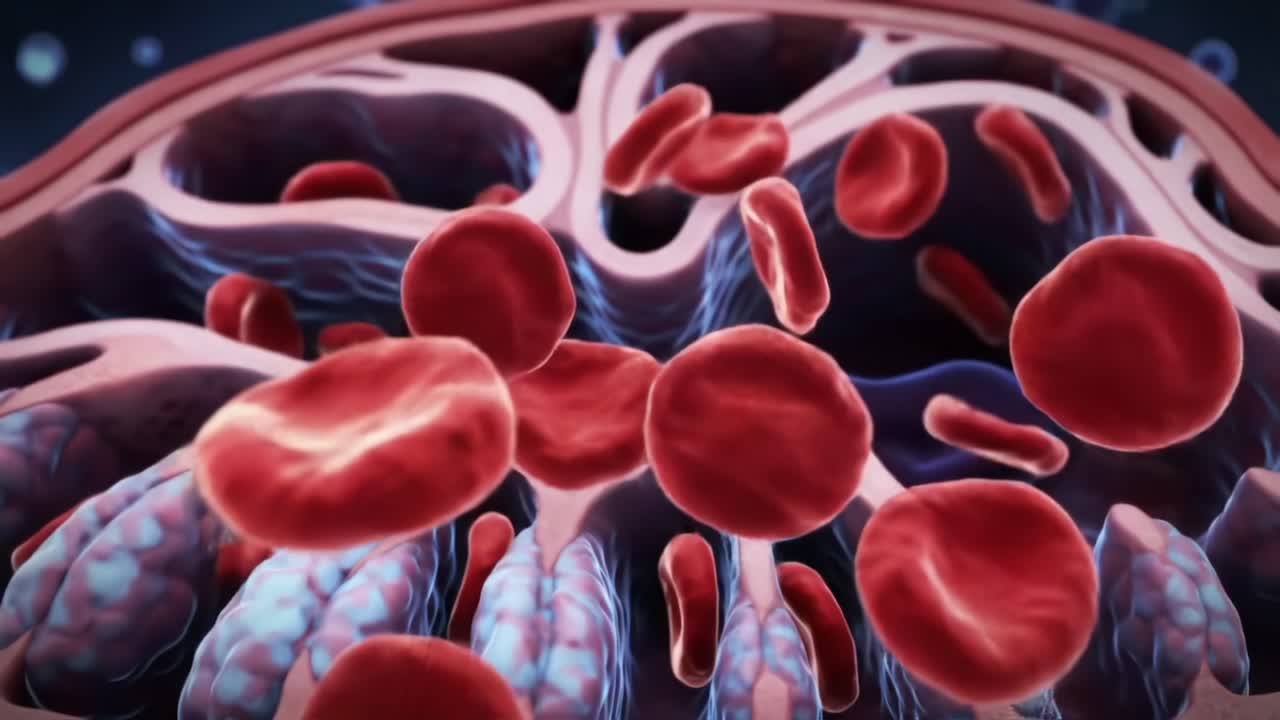 A Fascinating Close-Up of Blood Cell Dynamics in a Vascular Structure, Capturing the Intricate Flow and Movement of Red Blood Cells Through Microvascular Channels