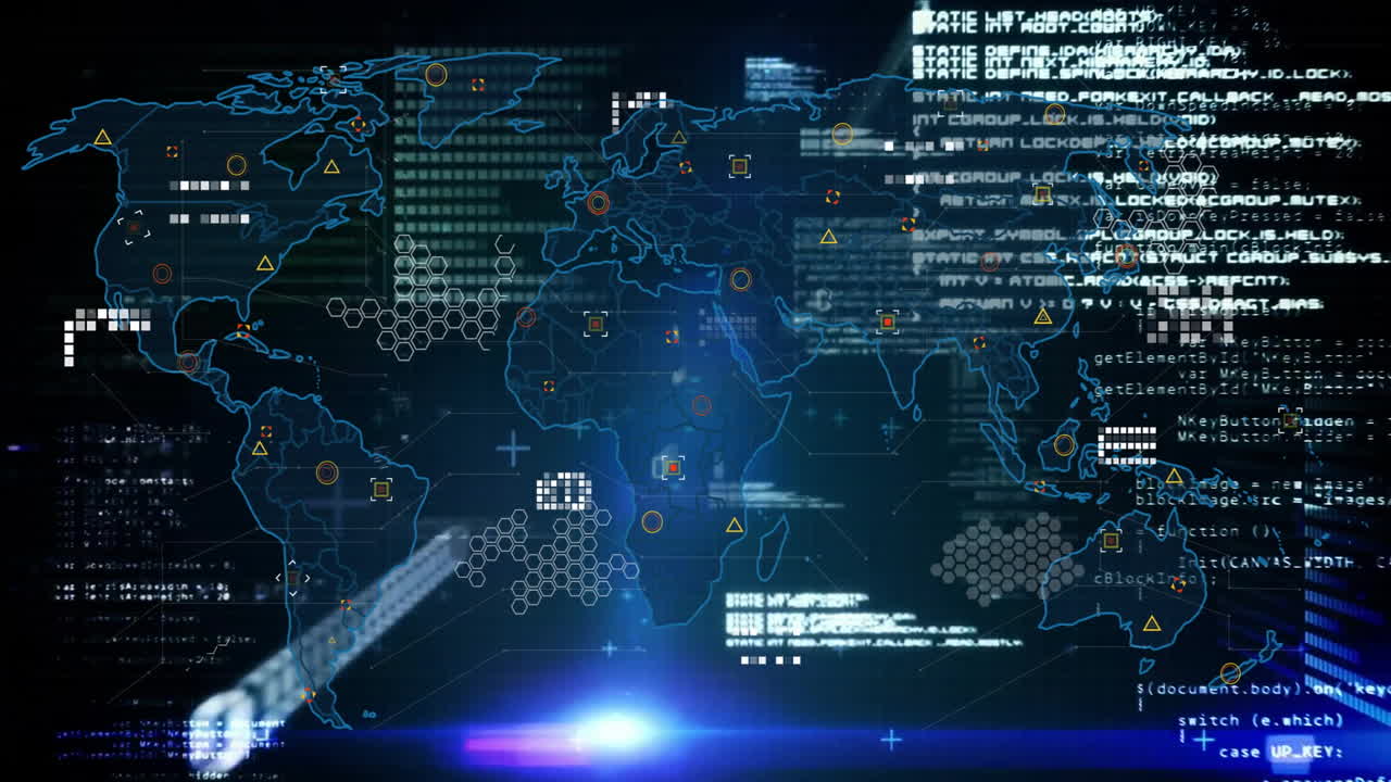 Displaying world map with cybersecurity threats and data processing animation
