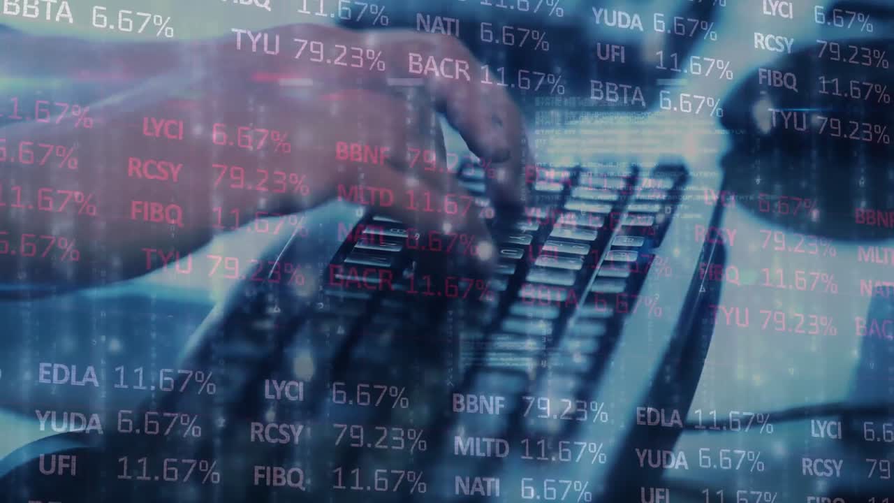 Animation of data processing over businessmen using computer