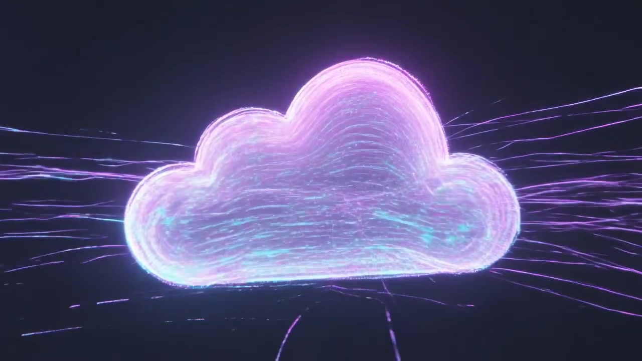 Converging luminous filaments forming stylized cloud in navy void, creating icon with cyan sparks