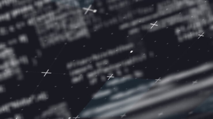 Animation of white markers over data processing on black background