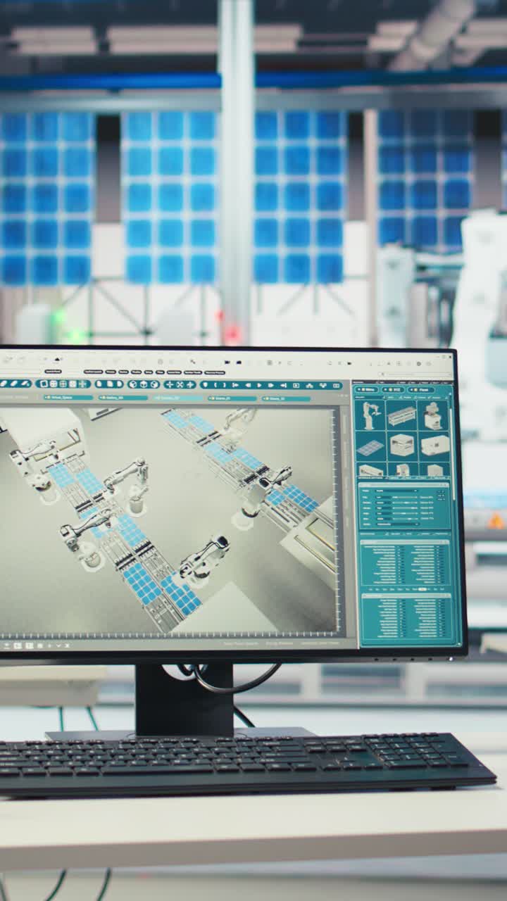 Vertical Video Pc In Photovoltaics Factory Used To Oversee Performance Of Robot Arms