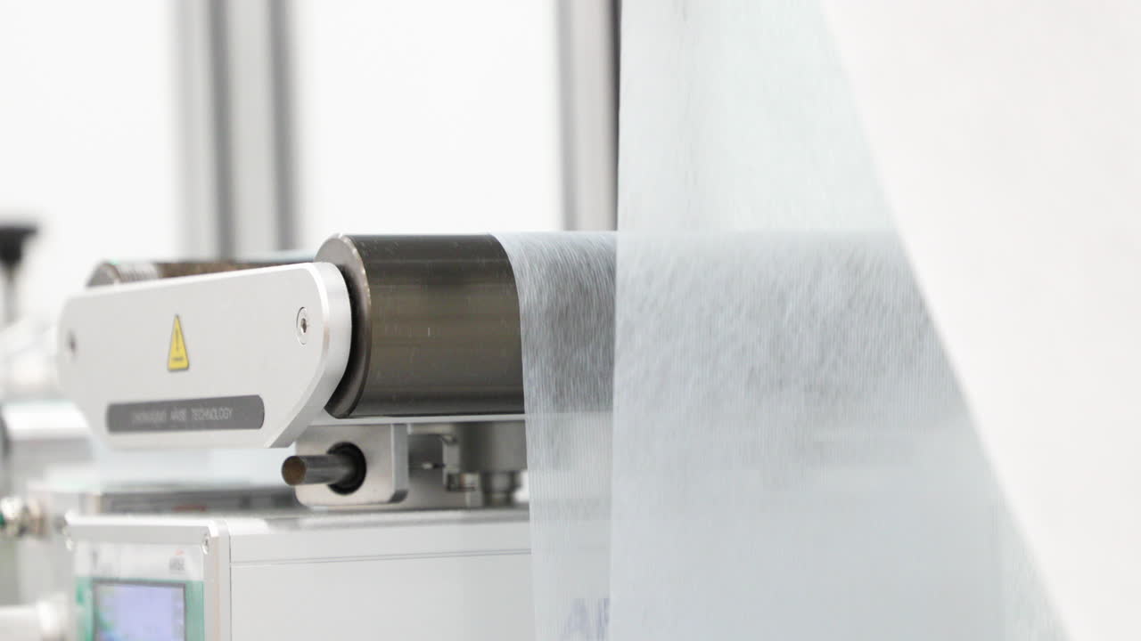 웹 가이딩 시스템의 롤러에 있는 부직포 원료 - 마스크 제조 라인 - 클로즈 업, 슬로우 모션