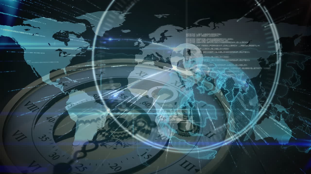 세계 지도에 대한 전 세계 연결 네트워크와 시계에 대한 전 세계 연결 네트워크에 대한 전 세계 및 데이터 처리 애니메이션