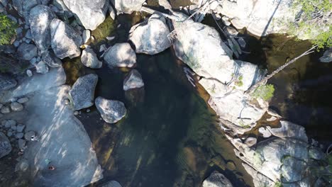 aerial view of a serene river with rocks and trees