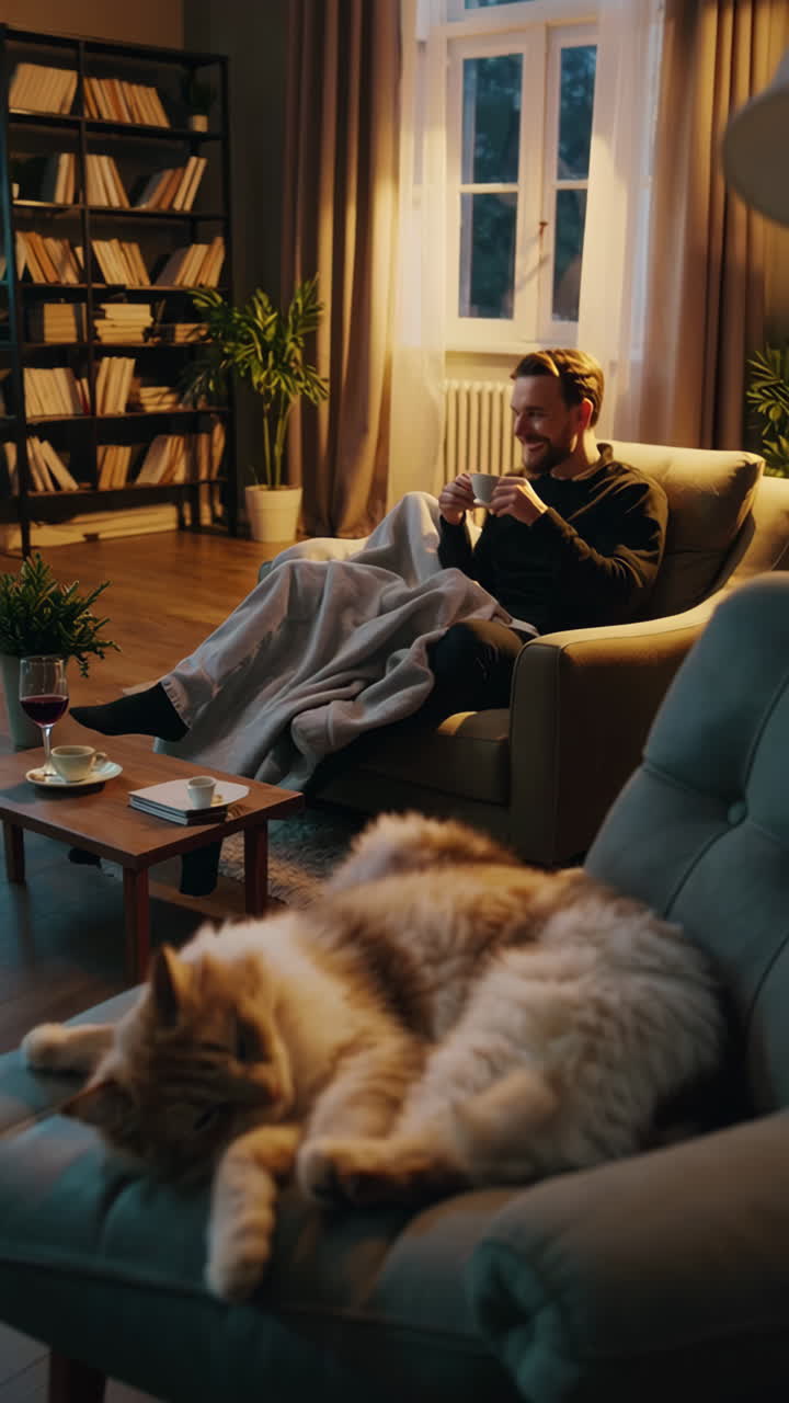 Man Relaxing with Cat in Cozy Living Room