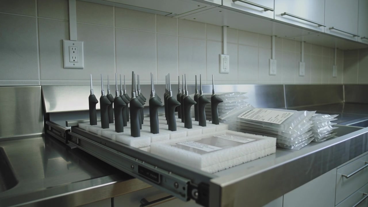 Sliding metal pullout tray at prep counter while slides moving showing black tools and sealed packs
